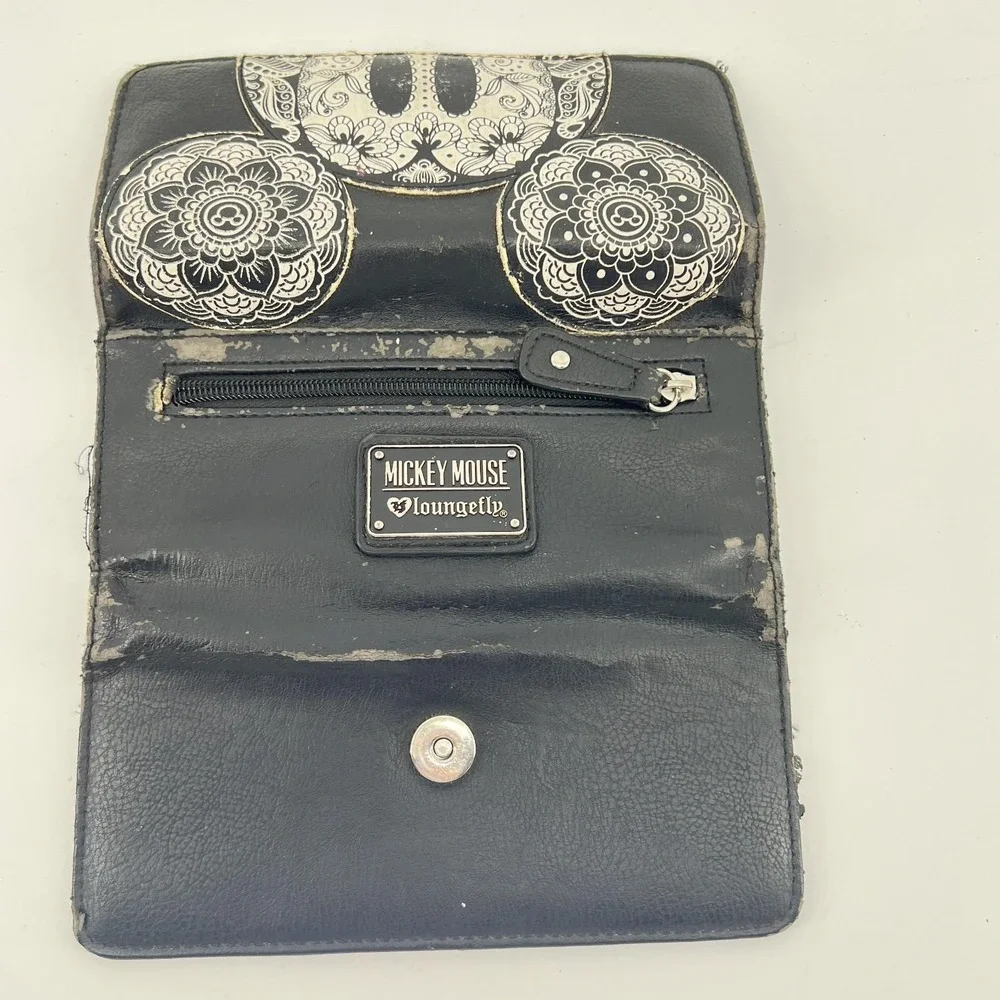 Loungefly‎ Disney Mickey Mouse Sugar Skull Floral Mandala Tri-Fold Wallet Black